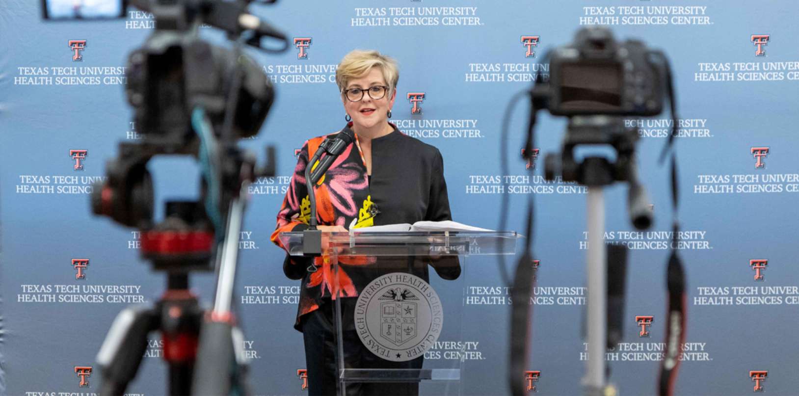 President Lori Rice-Spearman, Ph. D., giving a press conference